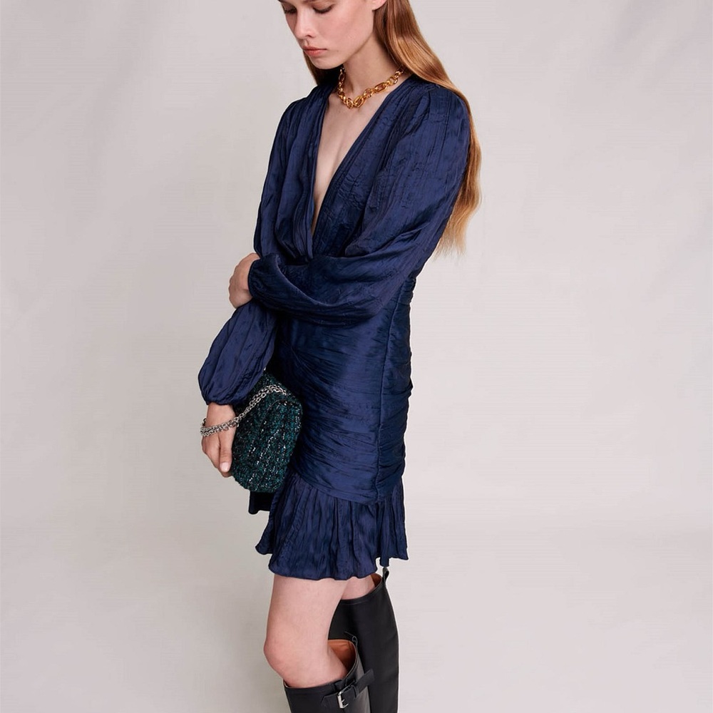 Maje Blue Sheath Dress with Bishop Sleeves and Plunge Neckline